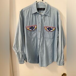 Vintage 90’s Chause Light Blue Wm Denim Shirt with Southwest Cowboy Beading SZ L